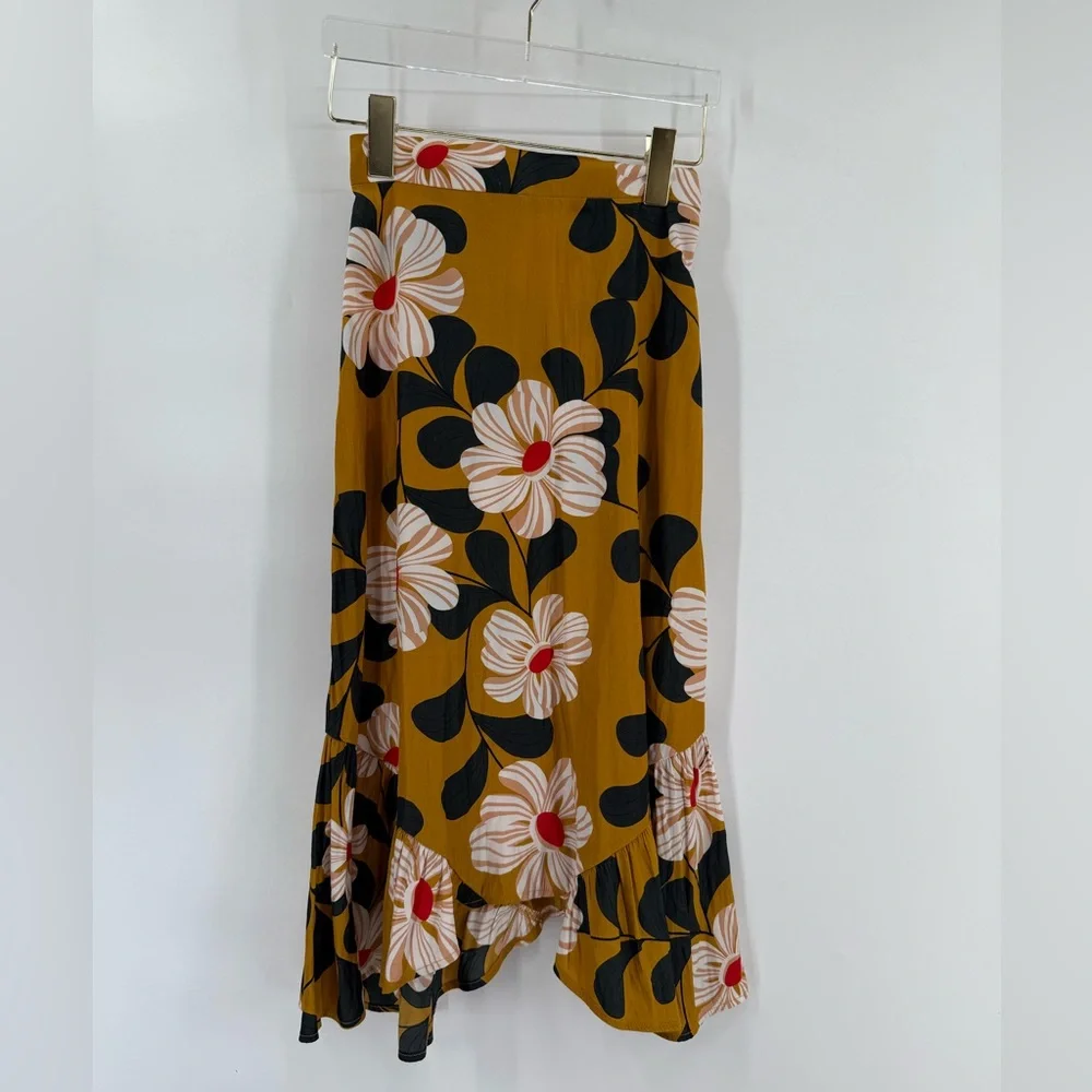 Anthropologie Eva‎ Franco Ikebana Yellow Floral Midi Skirt Size 0
